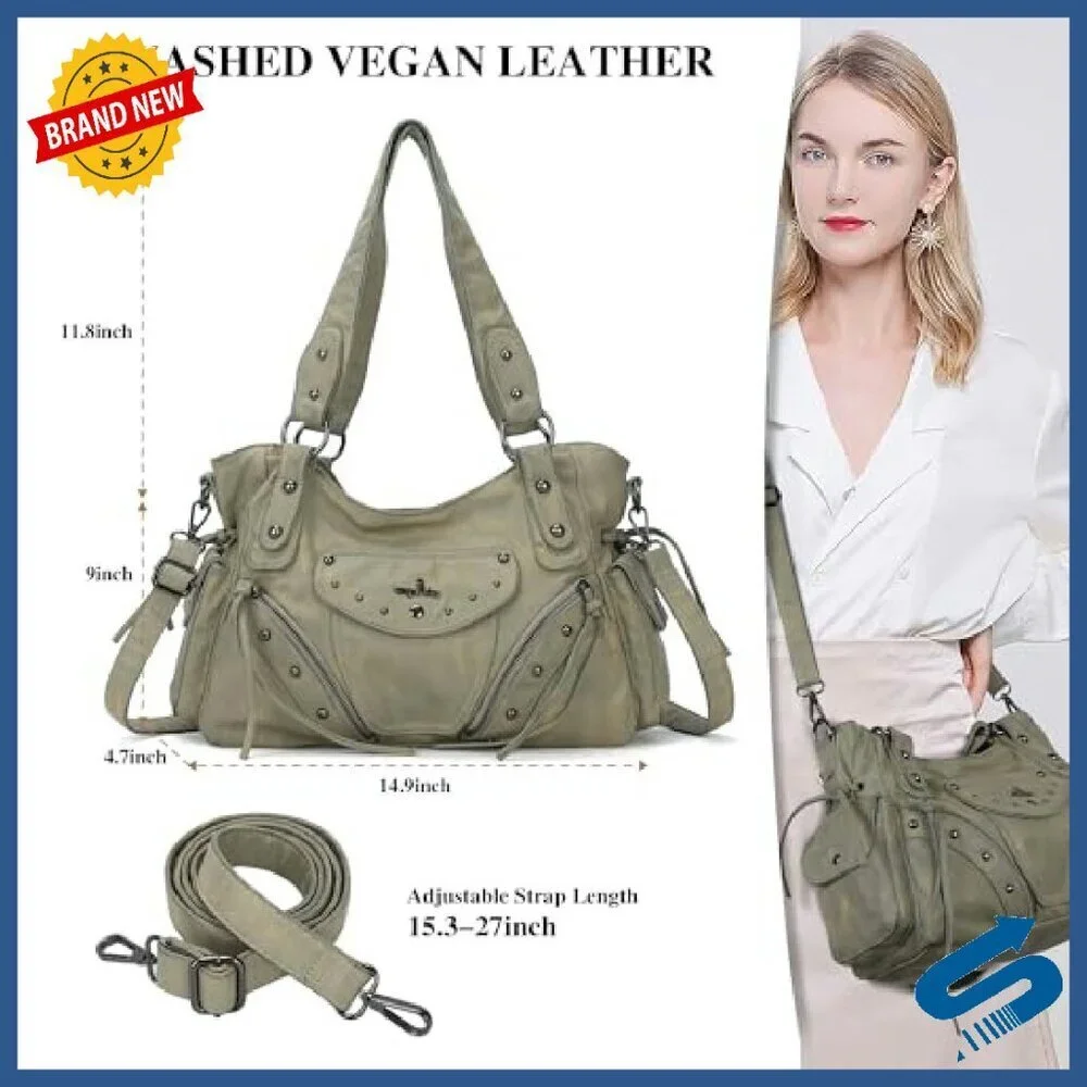 Large Retro Vegan Leather Hobo Bag with Crossbody Strap & Multiple Pockets